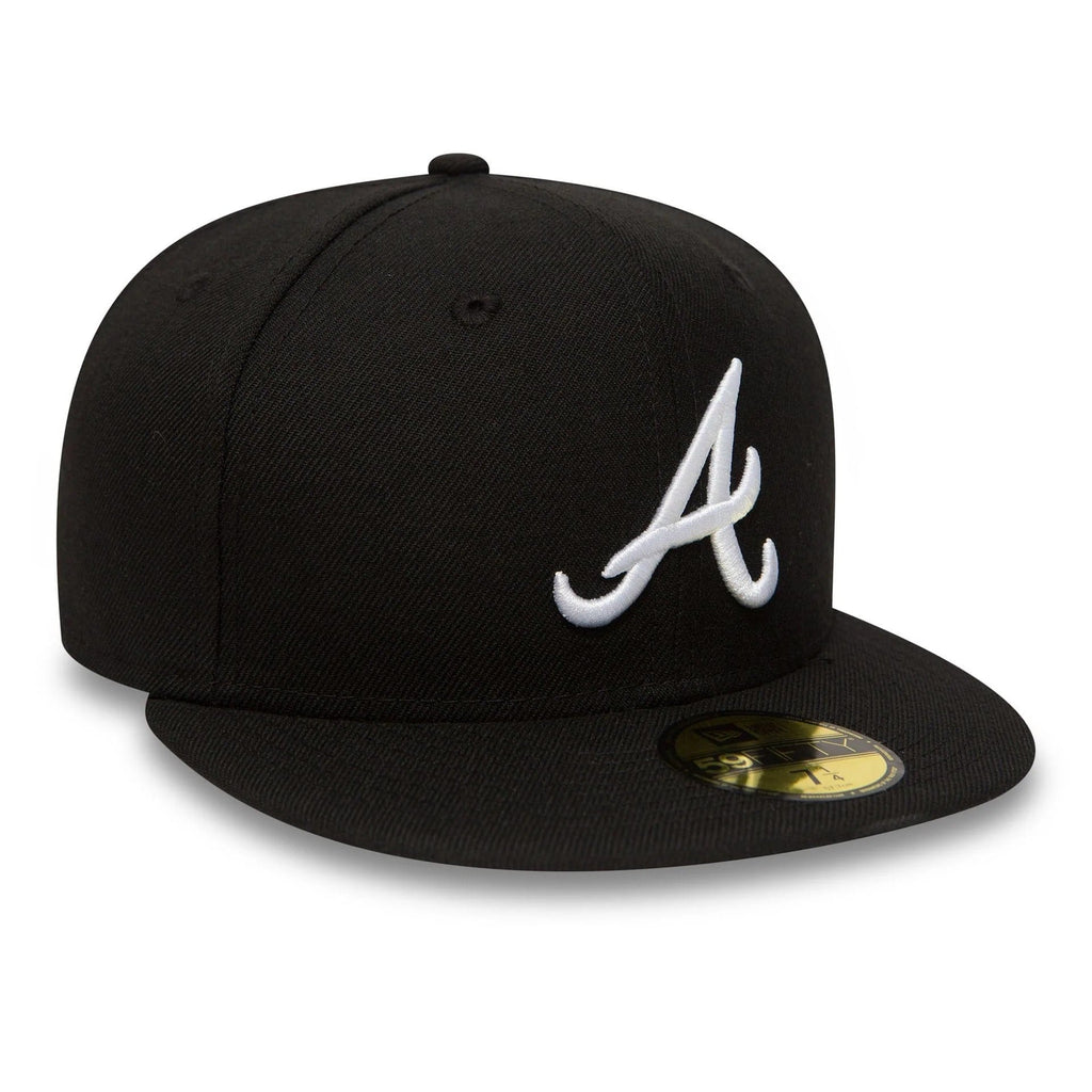 Atlanta Braves MLB League Essential 59FIFTY Fitted New Era Black White Official Team Hat Sports Fan Cap Official MLB Team Hat Baseball Fan Cap