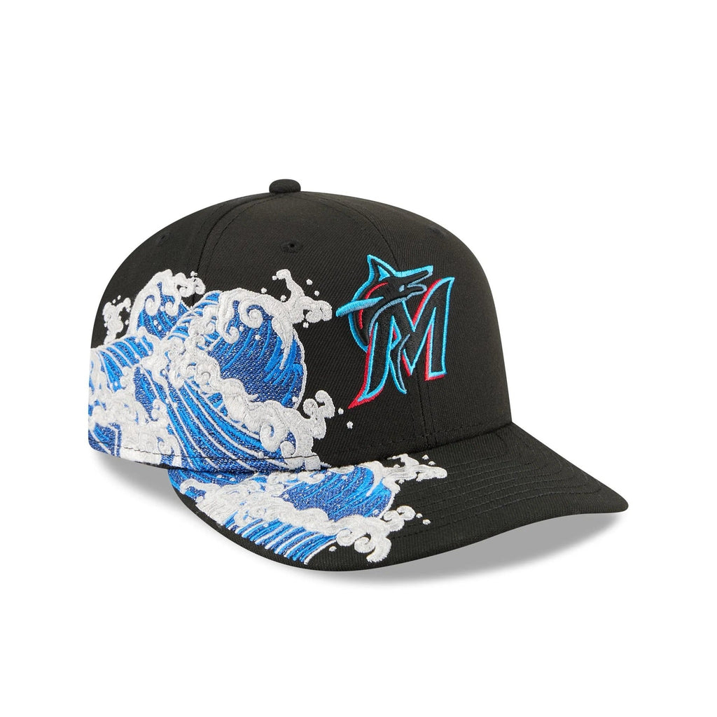 Miami Marlins MLB Waves 59FIFTY Fitted New Era Black White Official Team Hat Sports Fan Cap Official MLB Team Hat Baseball Fan Cap