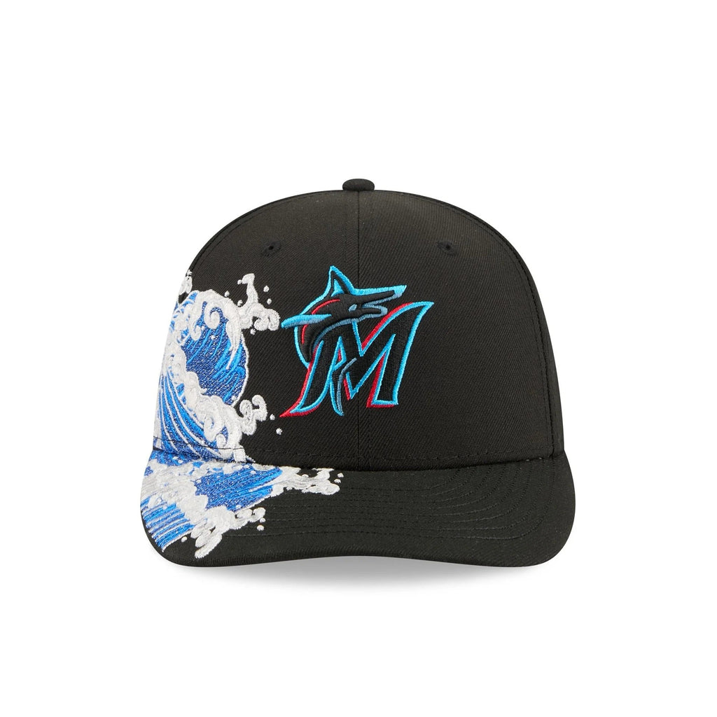 Miami Marlins MLB Waves 59FIFTY Fitted New Era Black White Official Team Hat Sports Fan Cap Official MLB Team Hat Baseball Fan Cap